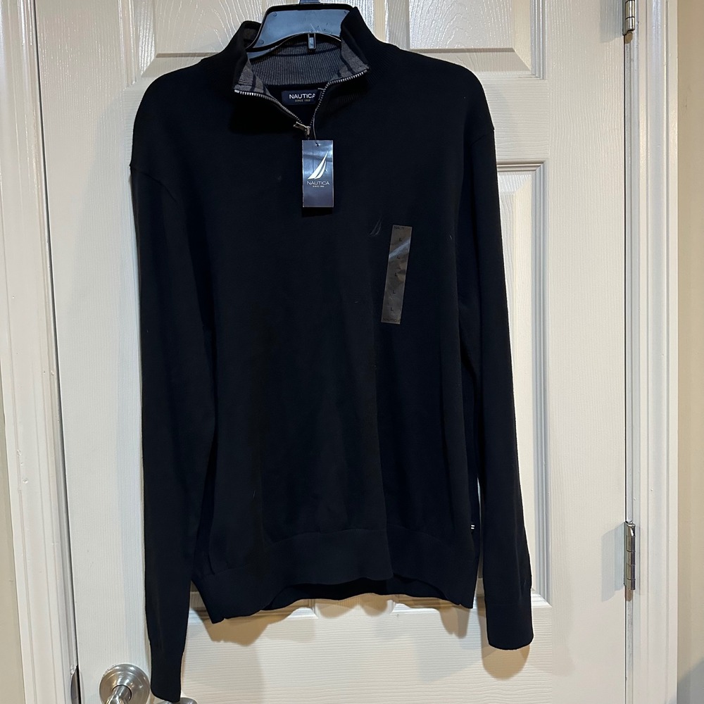 Nautica Mens Quarter Zip Cotton Sweater Black Mock Neck Pullover Large NWT